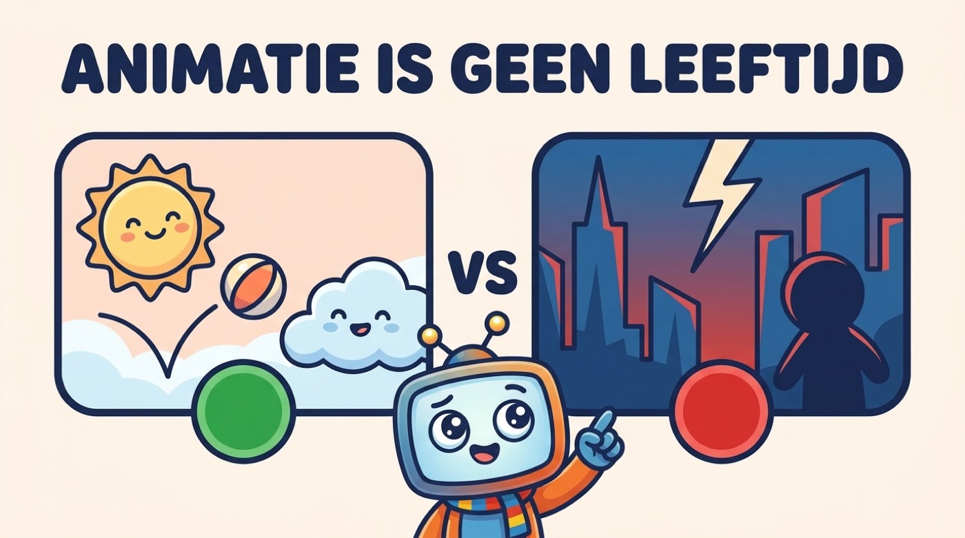 Illustratie: animatie is geen leeftijdslabel, vrolijke scene met groene badge naast donkere scene met rode badge