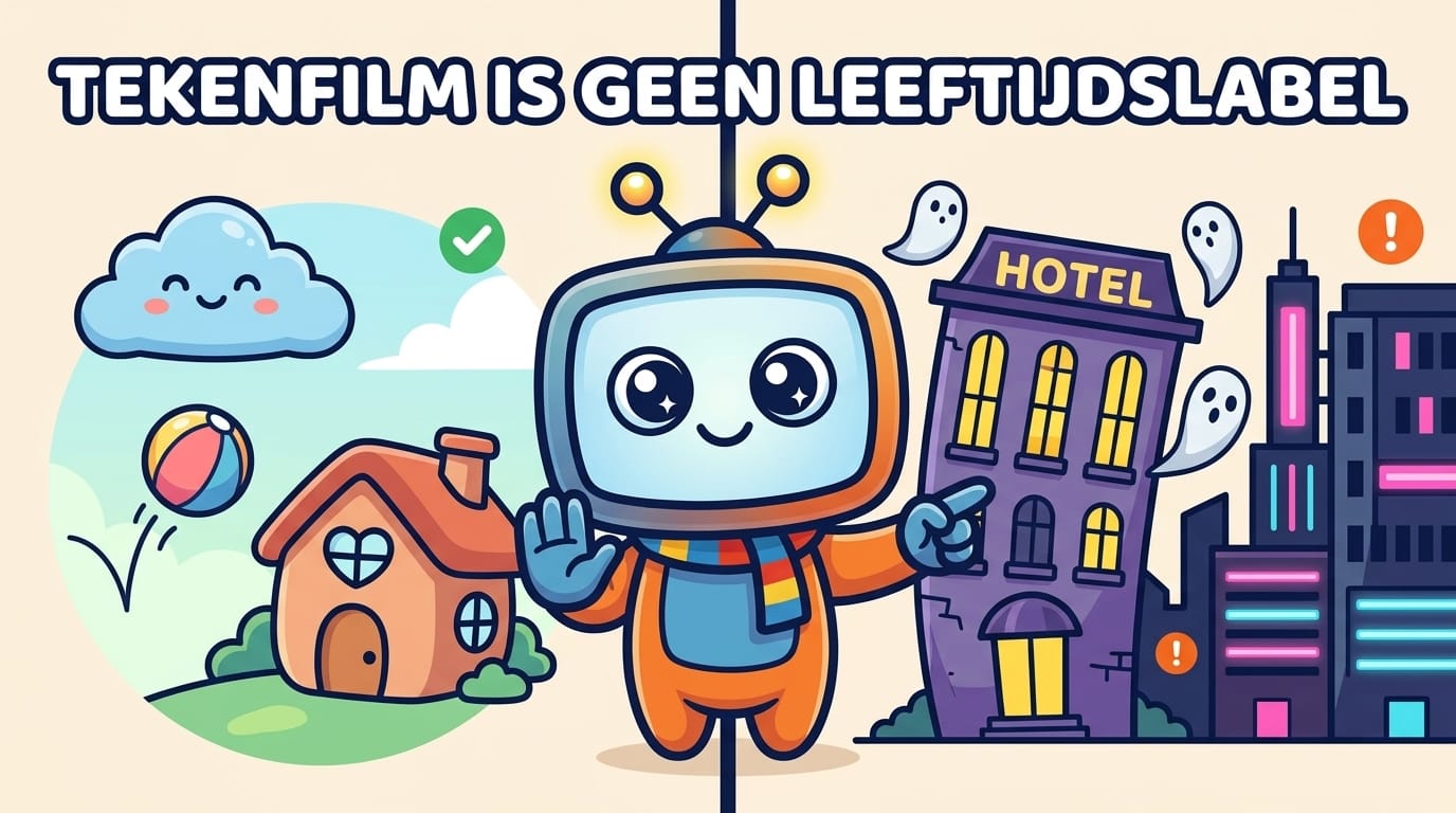 Illustratie: tekenfilm is geen leeftijdslabel, een vrolijke kinderwereld naast een spookhotel en een neonstad die er kinderlijk uitzien maar dat niet zijn