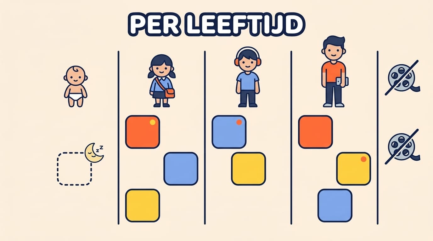 Infographic: het oktoberaanbod per leeftijdsgroep in vier kolommen, met een lege peuterkolom en een apart vakje voor tekenfilms die niet voor kinderen zijn