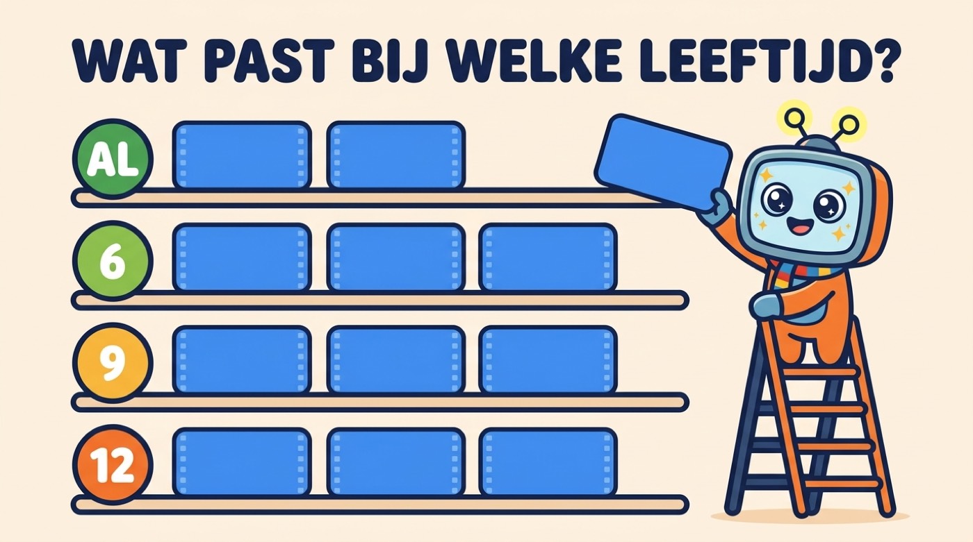 Illustratie: het augustus-aanbod op schappen gesorteerd per leeftijdsbadge AL, 6, 9 en 12