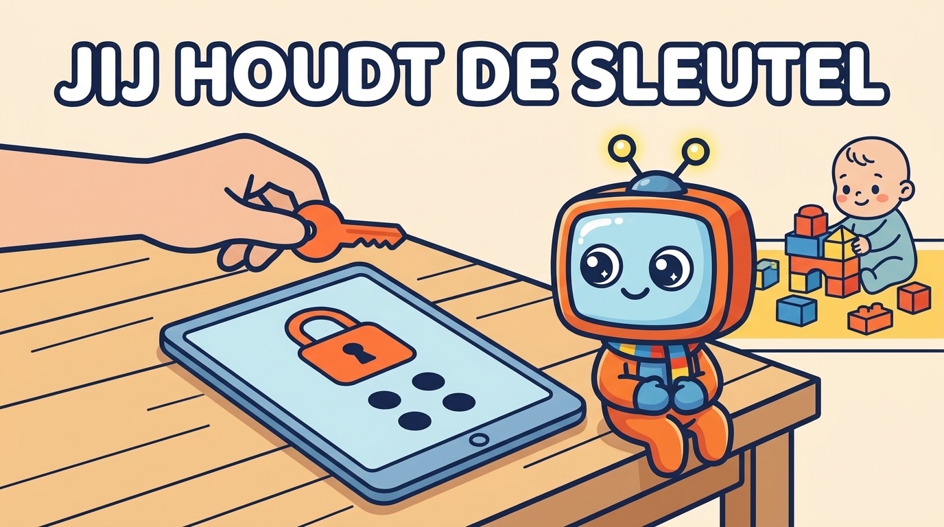 Illustratie: kinderslot en schermvergrendeling, de ouder houdt de sleutel