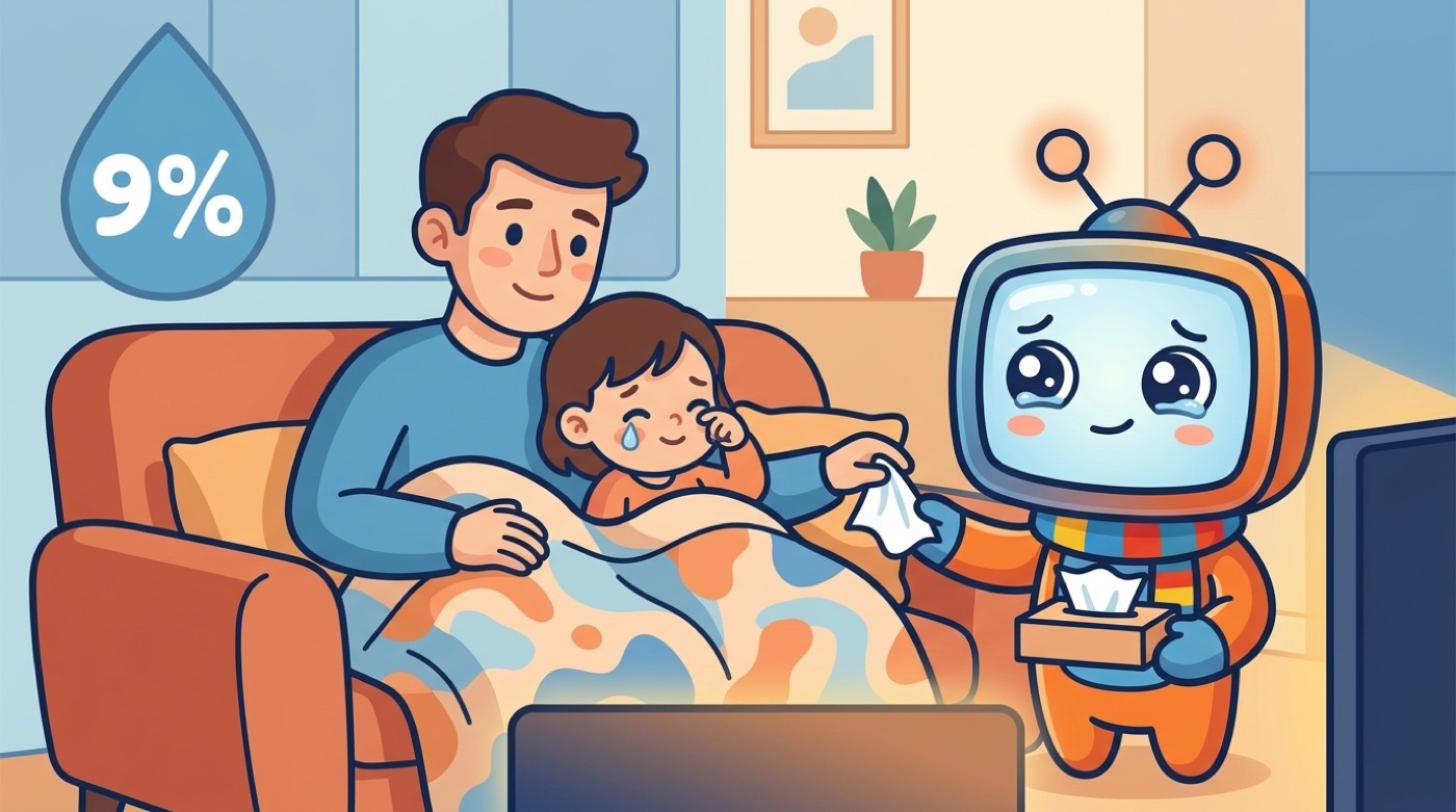 Illustratie: bij 9% van de titels is verdriet de zwaarste emotie — ouder troost kind op de bank