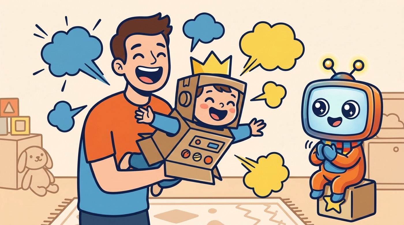 Illustratie: kleuter speelt superheld met een kartonnen pak, ouder tilt hem op