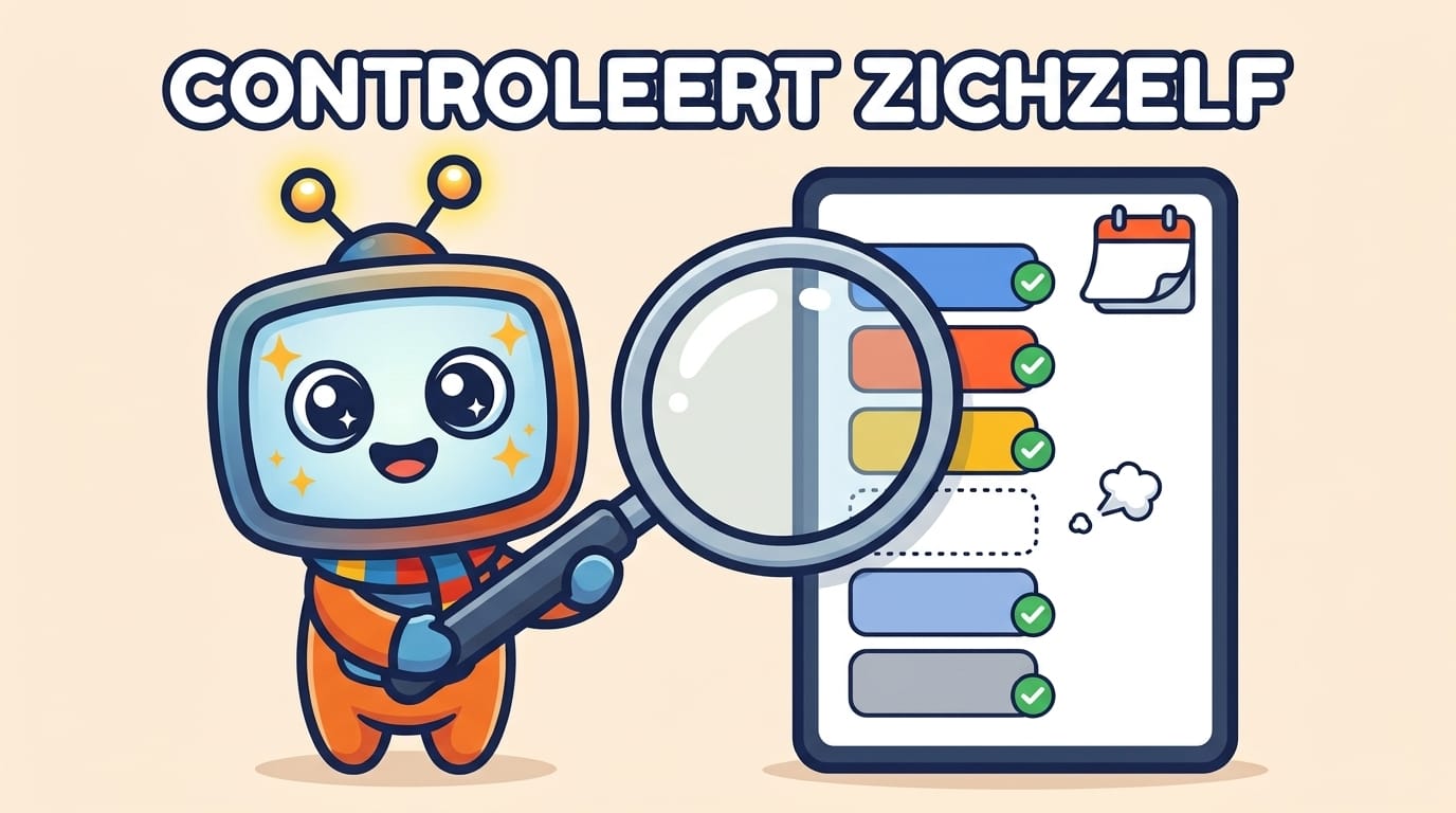 Illustratie: een lijst die zichzelf controleert, vijf titels krijgen een vinkje en één verdwenen titel vervaagt