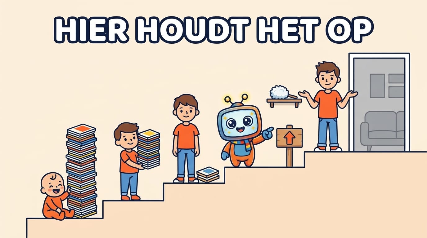 Illustratie: een trap per leeftijd, op de bovenste trede is het kinderaanbod op en wijst een bordje naar andere lijsten