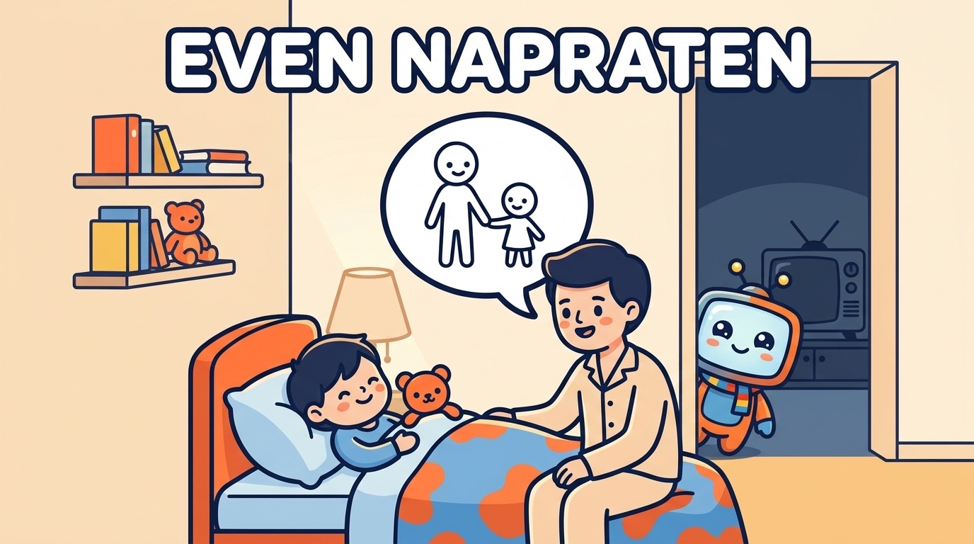 Illustratie: ouder en kind praten na over de film op de rand van het bed