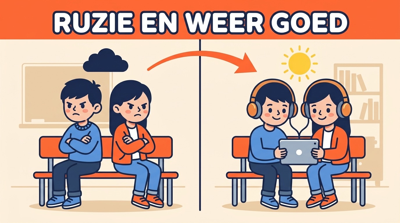 Illustratie: twee vrienden met de ruggen naar elkaar, en dan weer samen