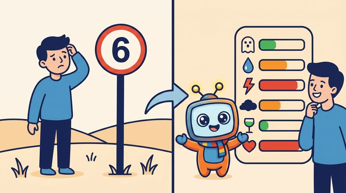 Een leeftijdsbadge zegt alleen "6"; de Spanningsbarometer laat per categorie zien hóé spannend de film is