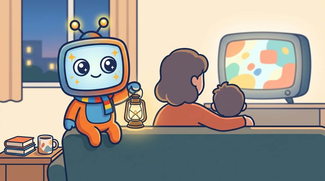 Illustratie: een ouder en kind kijken samen televisie terwijl de mascotte met een lantaarn naast hen zit