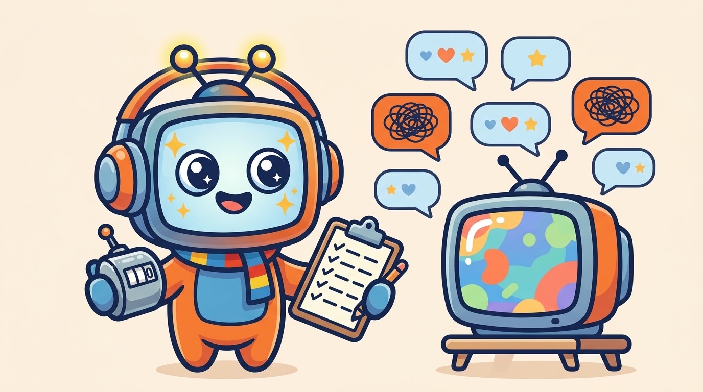 Illustratie: de mascotte luistert met een koptelefoon naar ondertitels en telt grove woorden op een klembord